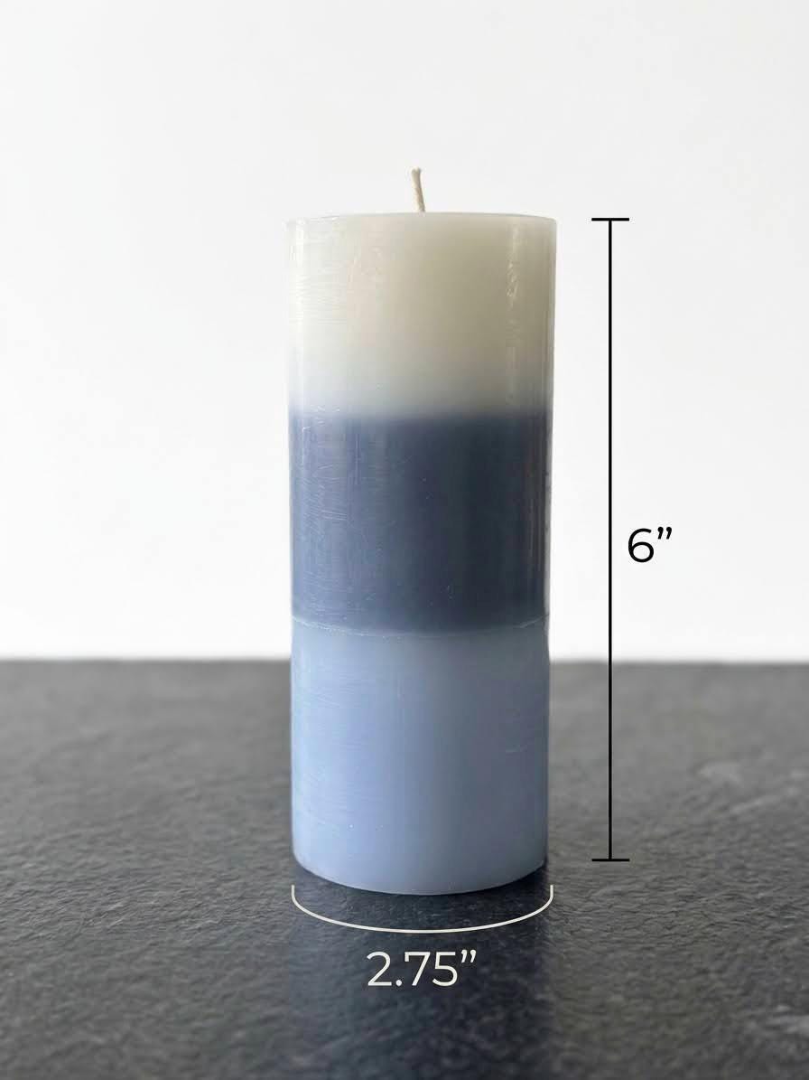 Grey Iron Candle Holders with Blue Ombre Pillar Candles – Modern Coastal Decor Set, Minimalist Centerpiece, Luxury Home Accent