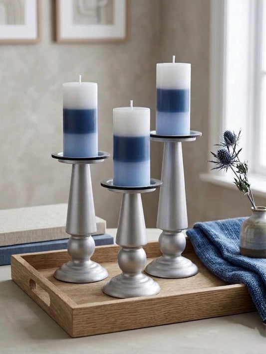 Grey Iron Candle Holders with Blue Ombre Pillar Candles – Modern Coastal Decor Set, Minimalist Centerpiece, Luxury Home Accent