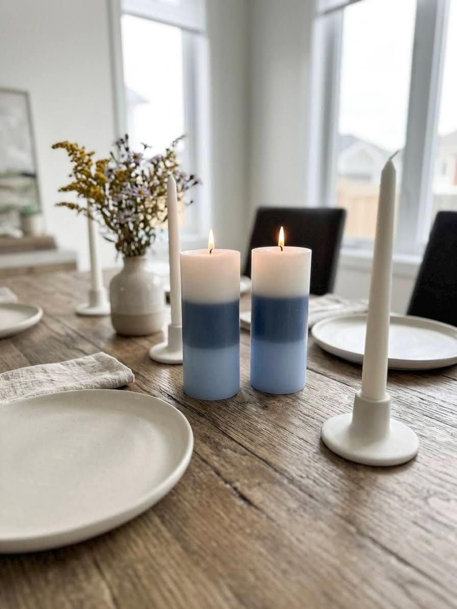 Blue Ombre Soy Wax Pillar Candle – 6" Handmade Gradient Unscented Minimalist Coastal Home Decor
