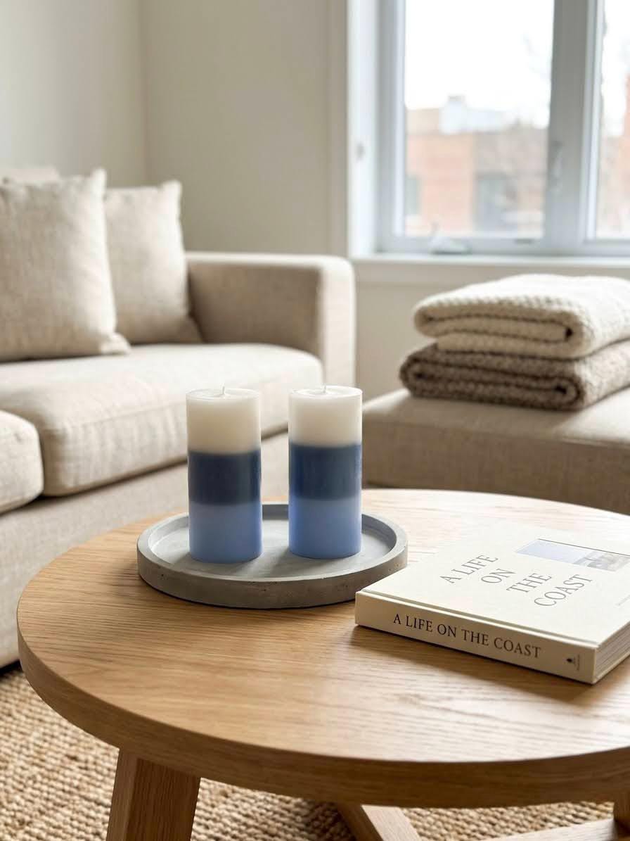 Blue Ombre Soy Wax Pillar Candle – 6" Handmade Gradient Unscented Minimalist Coastal Home Decor