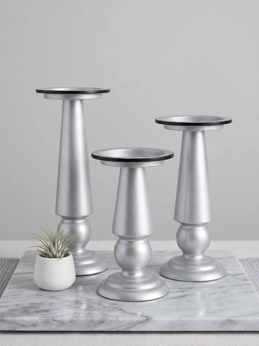 Grey Iron Candle Holders with Blue Ombre Pillar Candles – Modern Coastal Decor Set, Minimalist Centerpiece, Luxury Home Accent