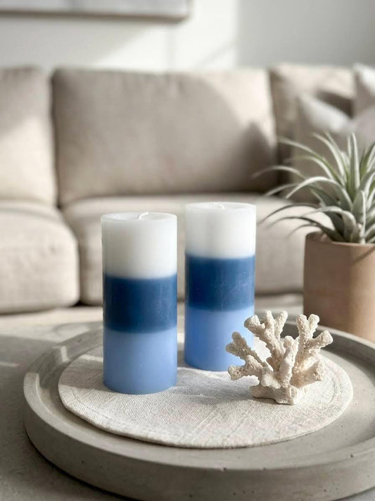 Blue Ombre Soy Wax Pillar Candle – 6" Handmade Gradient Unscented Minimalist Coastal Home Decor