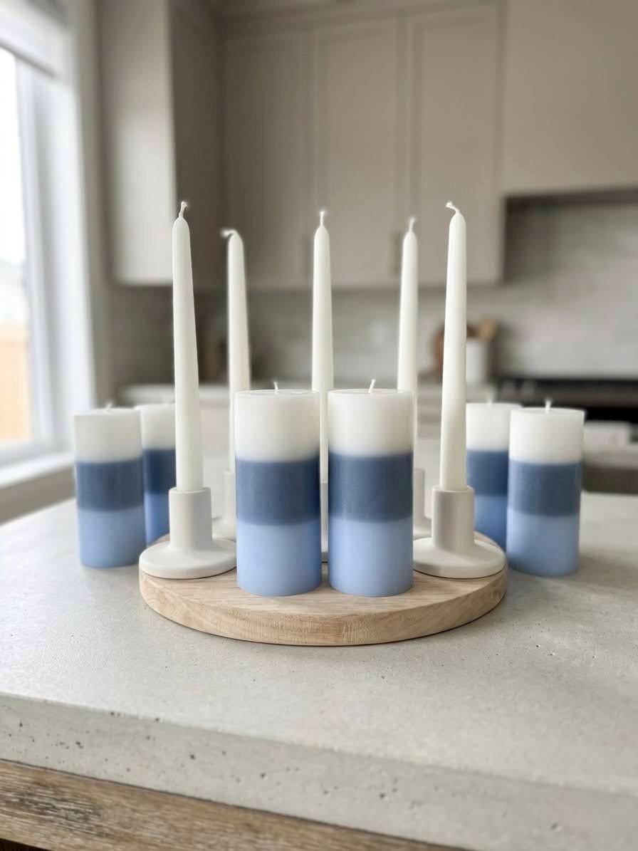 Blue Ombre Soy Wax Pillar Candle – 6" Handmade Gradient Unscented Minimalist Coastal Home Decor