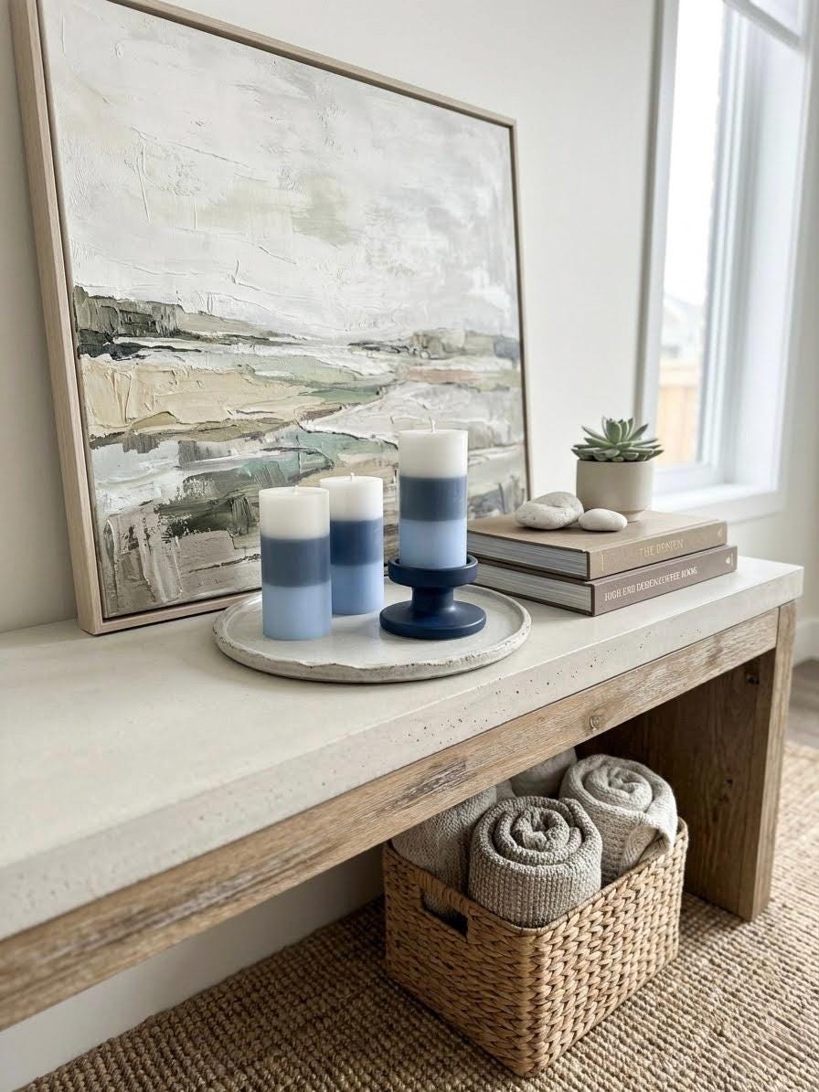 Blue Ombre Soy Wax Pillar Candle – 6" Handmade Gradient Unscented Minimalist Coastal Home Decor