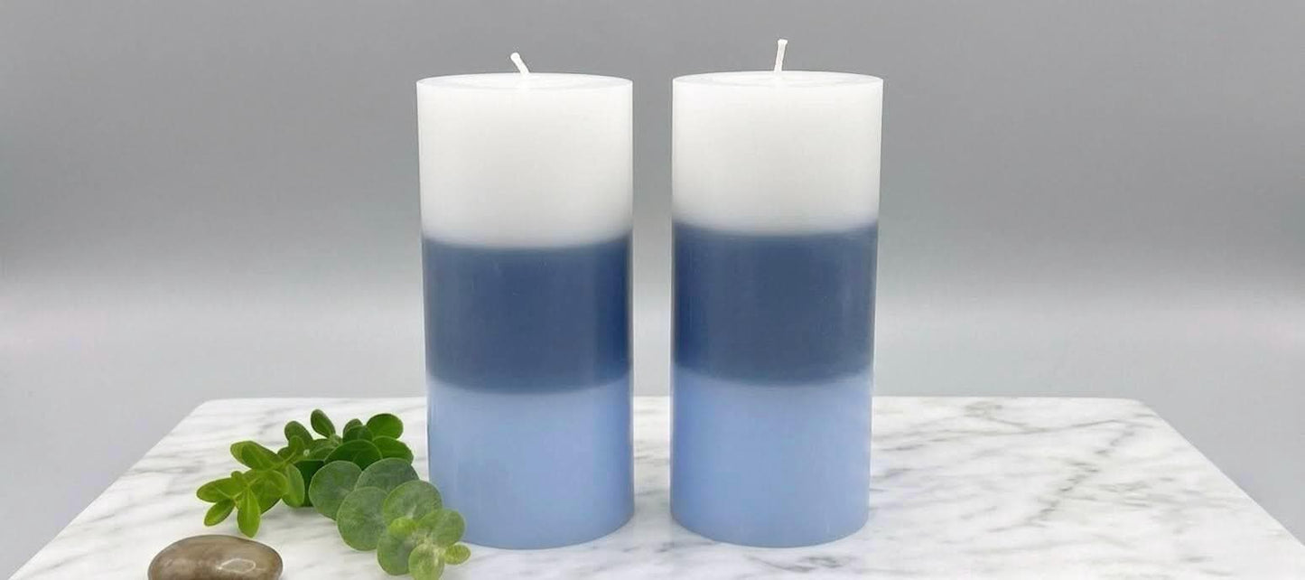Grey Iron Candle Holders with Blue Ombre Pillar Candles – Modern Coastal Decor Set, Minimalist Centerpiece, Luxury Home Accent