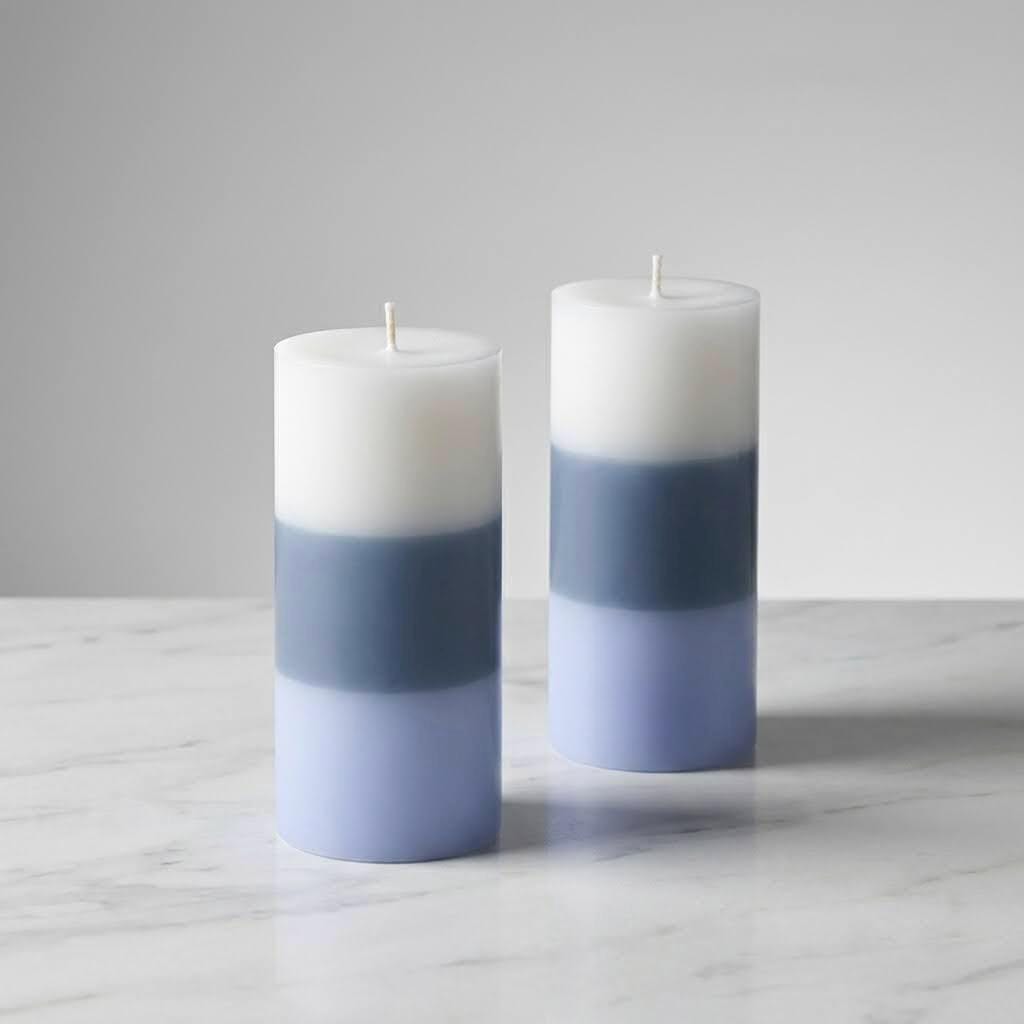 Grey Iron Candle Holders with Blue Ombre Pillar Candles – Modern Coastal Decor Set, Minimalist Centerpiece, Luxury Home Accent