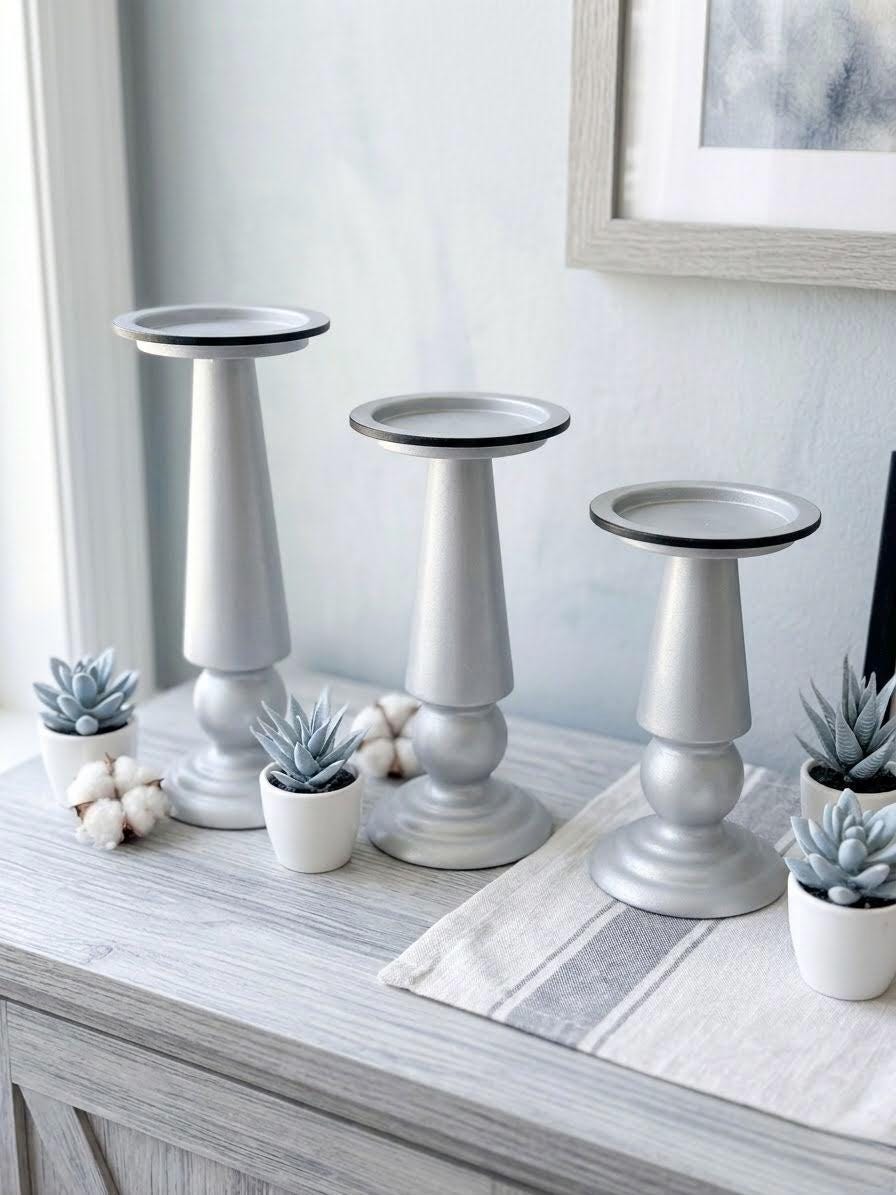 Grey Iron Candle Holders with Blue Ombre Pillar Candles – Modern Coastal Decor Set, Minimalist Centerpiece, Luxury Home Accent